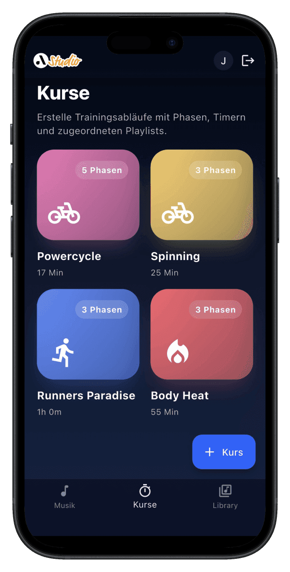 App audiorooms Studio – panoramica corsi con icone